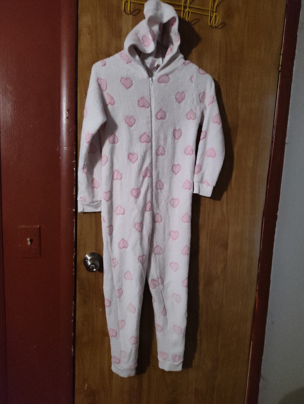 Magic Plush Hooded Kids One-Piece in White with Pink Hearts